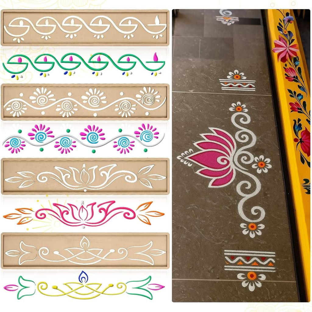 4 ชิ้น 12 นิ้ว Diwali Rangoli ลายฉลุไม้ DIY ทรายศิลปะทําชุด Lotus ช้างนกยูง Stencils Varalakshmi Pou