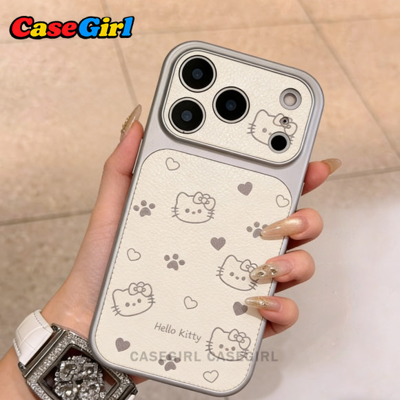 เคส  iPhone 13 15 16 11 12 14 17 Pro Max 16 15 14Plus ลาย Hello Kitty หนังสีครีม ลายหัวใจกรงเล็บ เต็มลาย น่ารัก อินส์