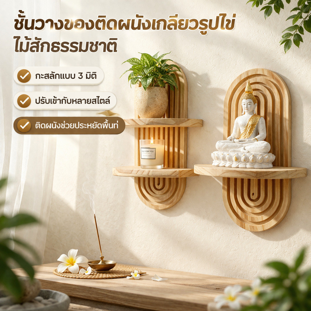 PPH ชั้นวางของติดผนังเกลียวรูปไข่ ไม้สักธรรมชาติ ชั้นวางของติดผนัง เฟอร์นิเจอร์ติดผนัง