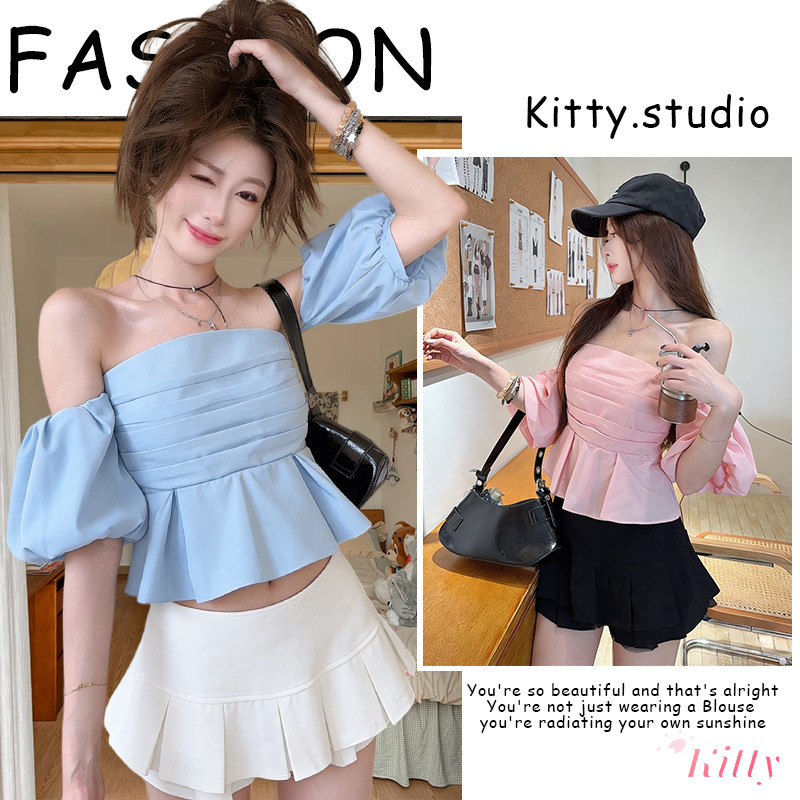 Kitty พร้อมส่ง🌸เสื้อครอปปาดไหล่ แขนพอง🌸ผ้าพลิ้ว น่ารัก เซ็กซี่ เรียบหรู ไปทะเล ใส่แล้วปัง แมทช์ง่าย ดูดีมีสไตล์ ดูแพง