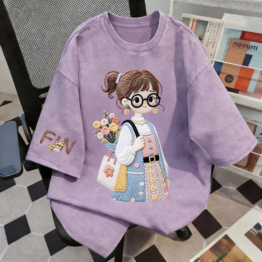 TEE·SHOP เสื้อยืดฟอก เสื้อวินเทจ เสื้อยืด oversize ลาย 'FIN girl' เกาหลี เท่ห์มาก พิมพ์ลาย ผ้านิ่มใส่สบาย S-3XL COD