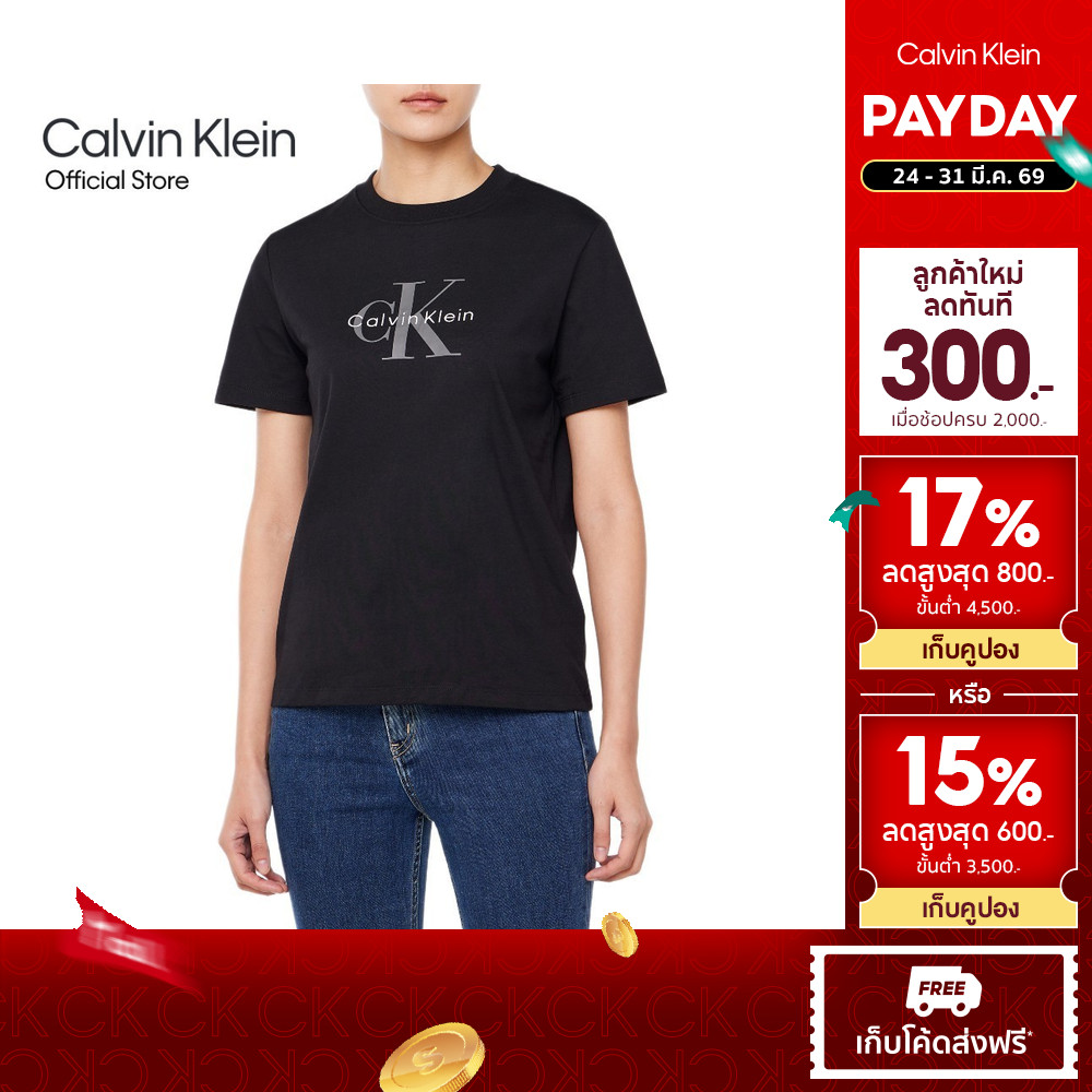 CALVIN KLEIN เสื้อยืดคอกลมแขนสั้นผู้หญิง Monogram Logo ทรง Regular รุ่น 47B865G UB1 - สีดำ