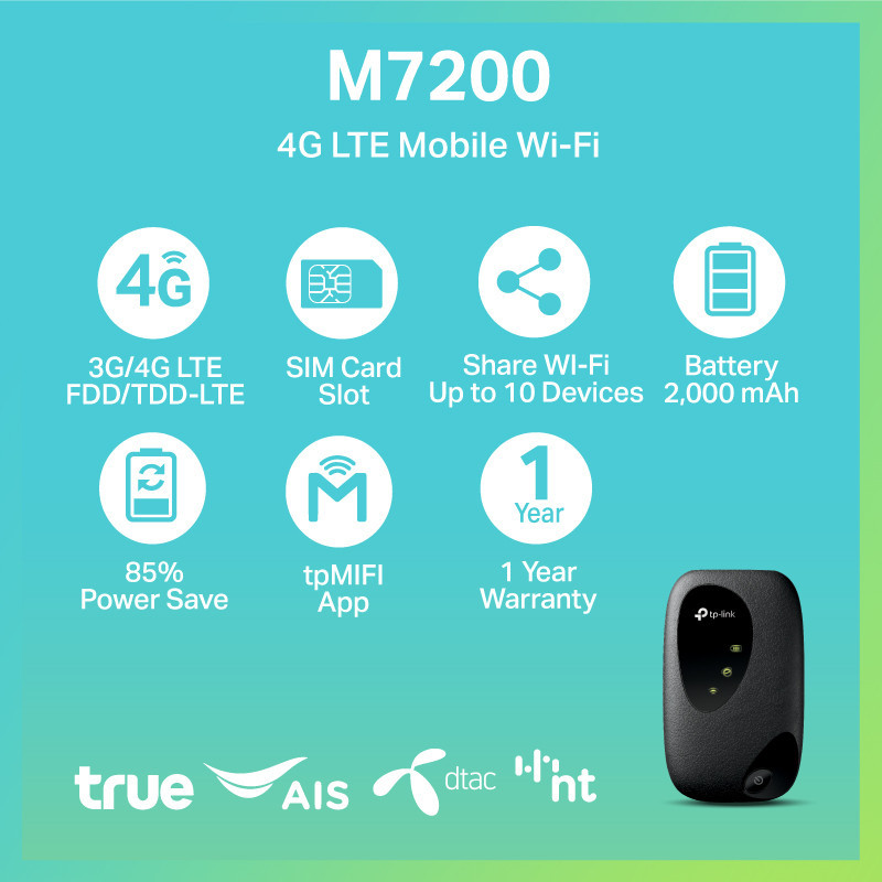 TP-LINK M7200 POCKET WIFI พกพาไปได้ทุกที่ 4G LTE MOBILE WI-FI ประกัน 1 ปี