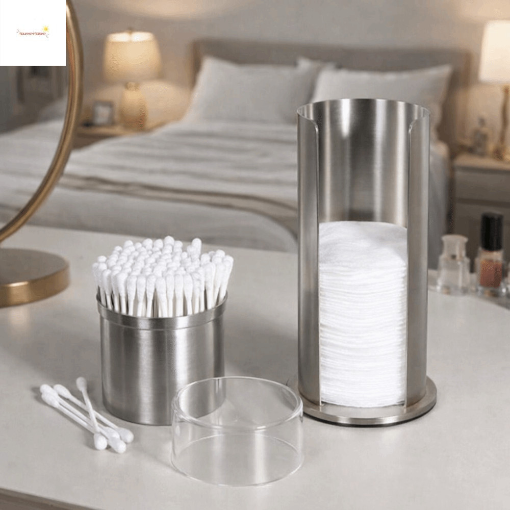 กOURMETGALORE กล่องเก็บสําลี, กล่องเก็บสําลีทรงกลมสแตนเลส, ที่ใส่สําลีแบบถอดได้กันฝุ่นสองชั้นสร้างสร