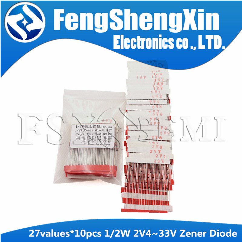 27 ค่า X10pcs = 270pcs (2V4 ถึง 33V) 1/2W 0.5W Zener Diode Assorted kit Assortment Set 2V4 2V7 3V0 3