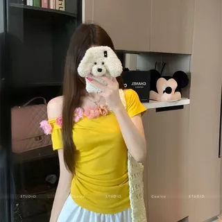 เสื้อผ้าผู้หญิงฤดูร้อนใหม่ ออกแบบสไตล์แฟชั่นฝรั่งเศส กระโปรงหยิกเอวอ่อนโยน ไหล่เปิด สลิม핏