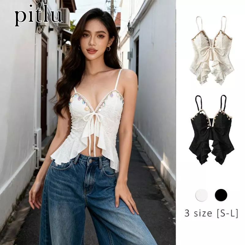 pitluเสื้อท็อปสายเดี่ยวV-neckประดับหอยสีดำ/ครีมขนาดS-XLผ้าฝักบัวเสื้อผ้าผู้หญิงเหมาะท่องเที่ยวชายหาด