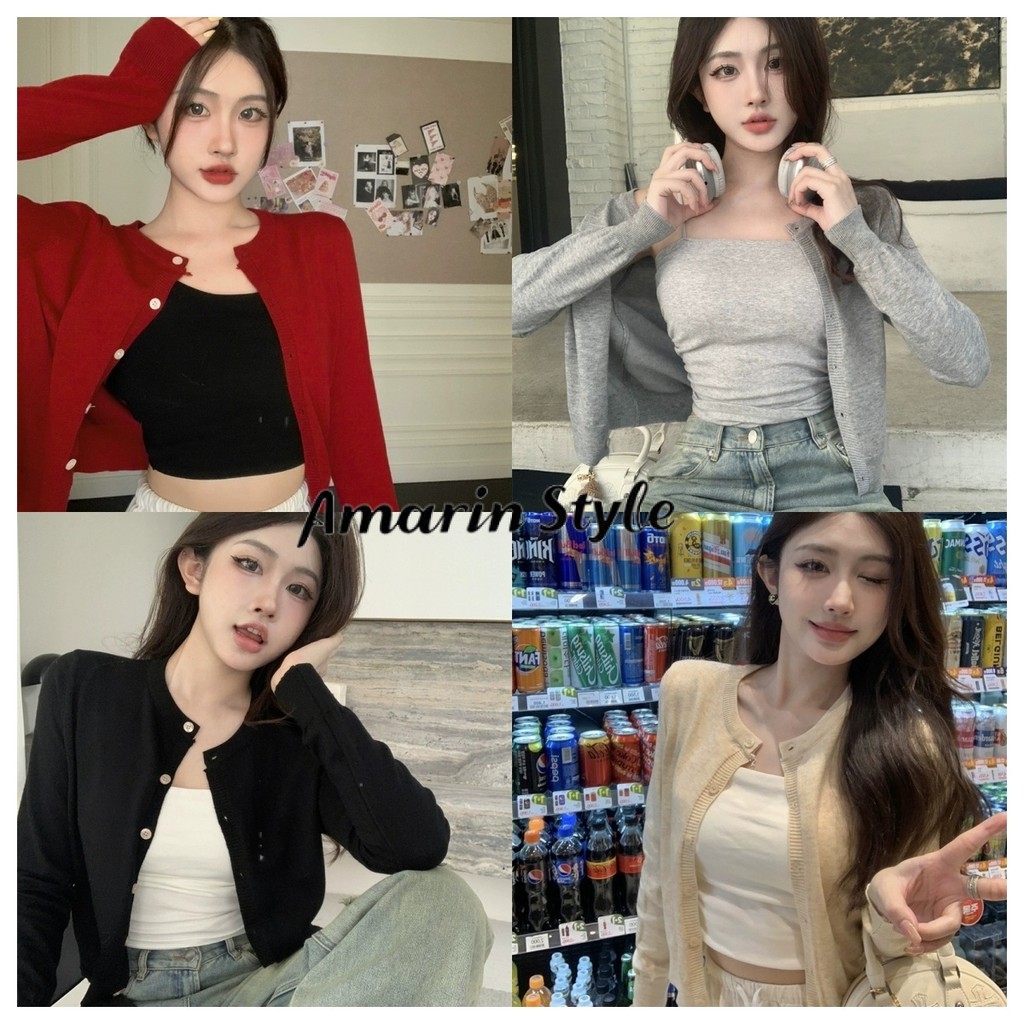 Amarin พร้อมส่ง 【เสื้อคาร์ดิแกนแขนยาว】คอกลม สไตล์เกาหลี สีพื้น ใส่สบาย ไซส์พอดีตัว D091