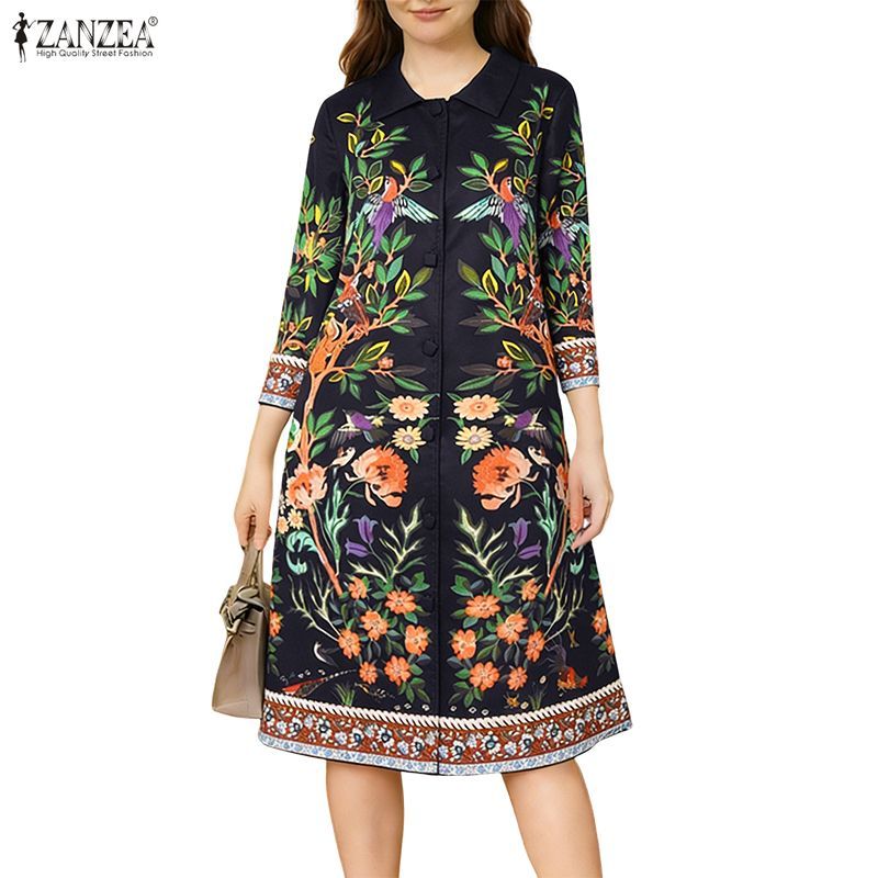 ZANZEA ดressesวินเทจสไตล์ชาติพันธุ์ แขน 3/4 พิมพ์ลายดอกไม้ แบบปิดหน้าอก A-Line