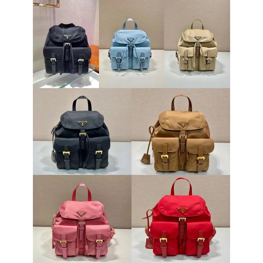 Prada กระเป๋าเป้สะพายหลังสุภาพสตรี สไตล์โมเดิร์นด้วยโลโก้สามเหลี่ยมทำจากโลหะและวัสดุหนัง Saffiano พร