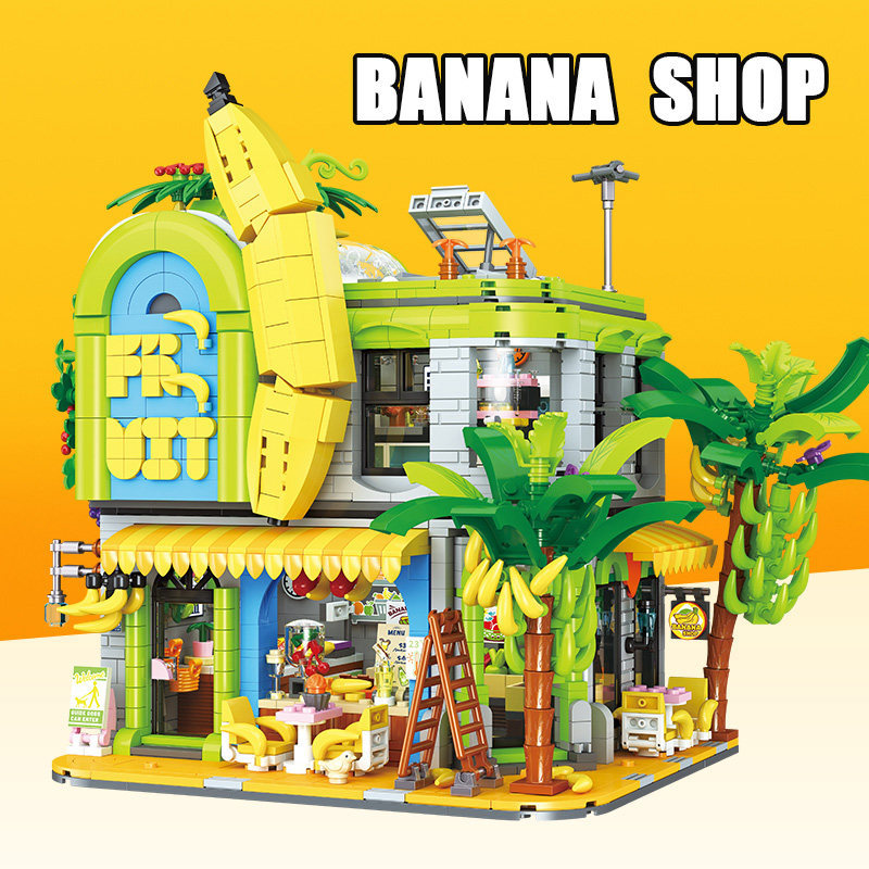 JJ9083 Banana House Fruit Shop Banana Banana Building Street View Lighting Building Block ของเล่นโมเ