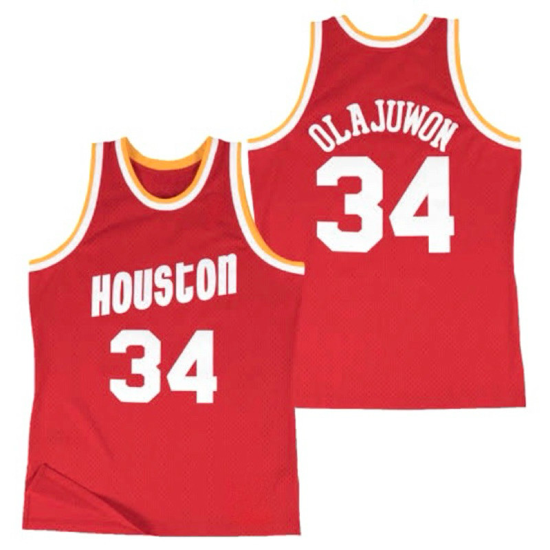 [ชื่อและหมายเลขปรับแต่งฟรี] โอลาจูวานแดง เลขที่. 34 Houston Rocket Retro Jersey Red Gold คลาสสิกการจ