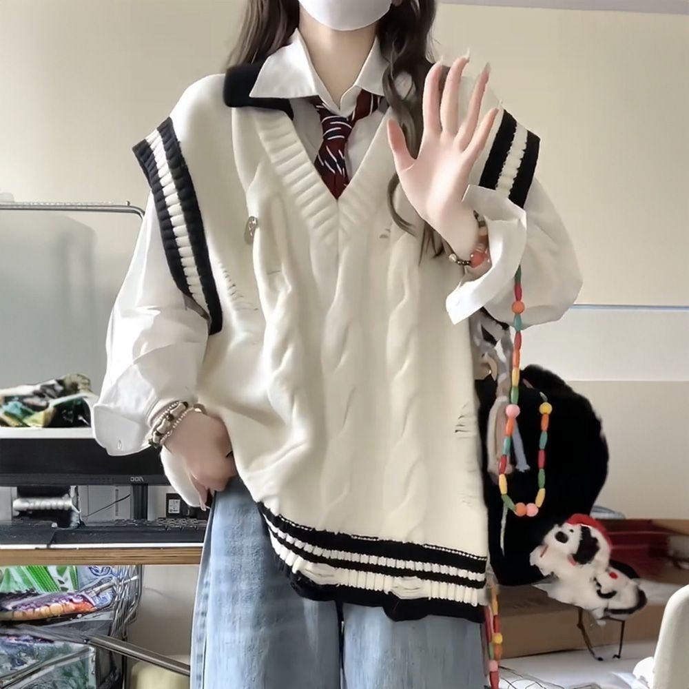 COD 2026 [] Preppy สไตล์ V คอฤดูใบไม้ร่วงผู้หญิง Twist ถักเสื้อกันหนาวเสื้อกั๊กผู้หญิง + เสื้อผูก CO