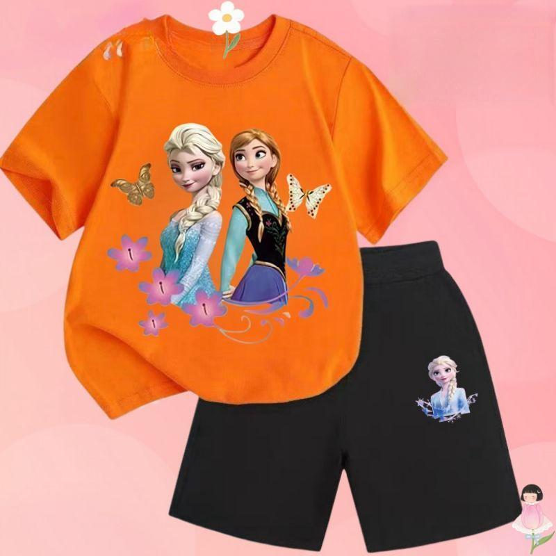 [COD] HOT（ชุดเสื้อยืดและกางเกงสั้นเด็ก）เสื้อยืดและกางเกงขาสั้นเด็กผู้หญิงแขนสั้น ชุด 2 ชิ้น ธีมเจ้าหญิงเอลซ่าแช่แข็ง เสื - รูปที่ 4