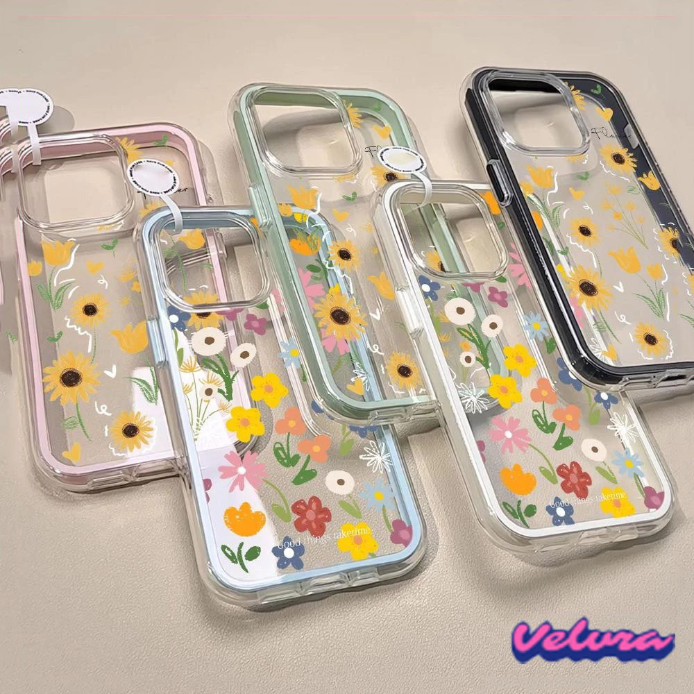 นิ่ม 2in1 สีแคนดี้ เข้ากันได้สำหรับ เคสไอโฟน11 สำหรับ iphone 16 Pro Max 7Plus XR 12 13 14 15 ดอกไม้สวยๆ