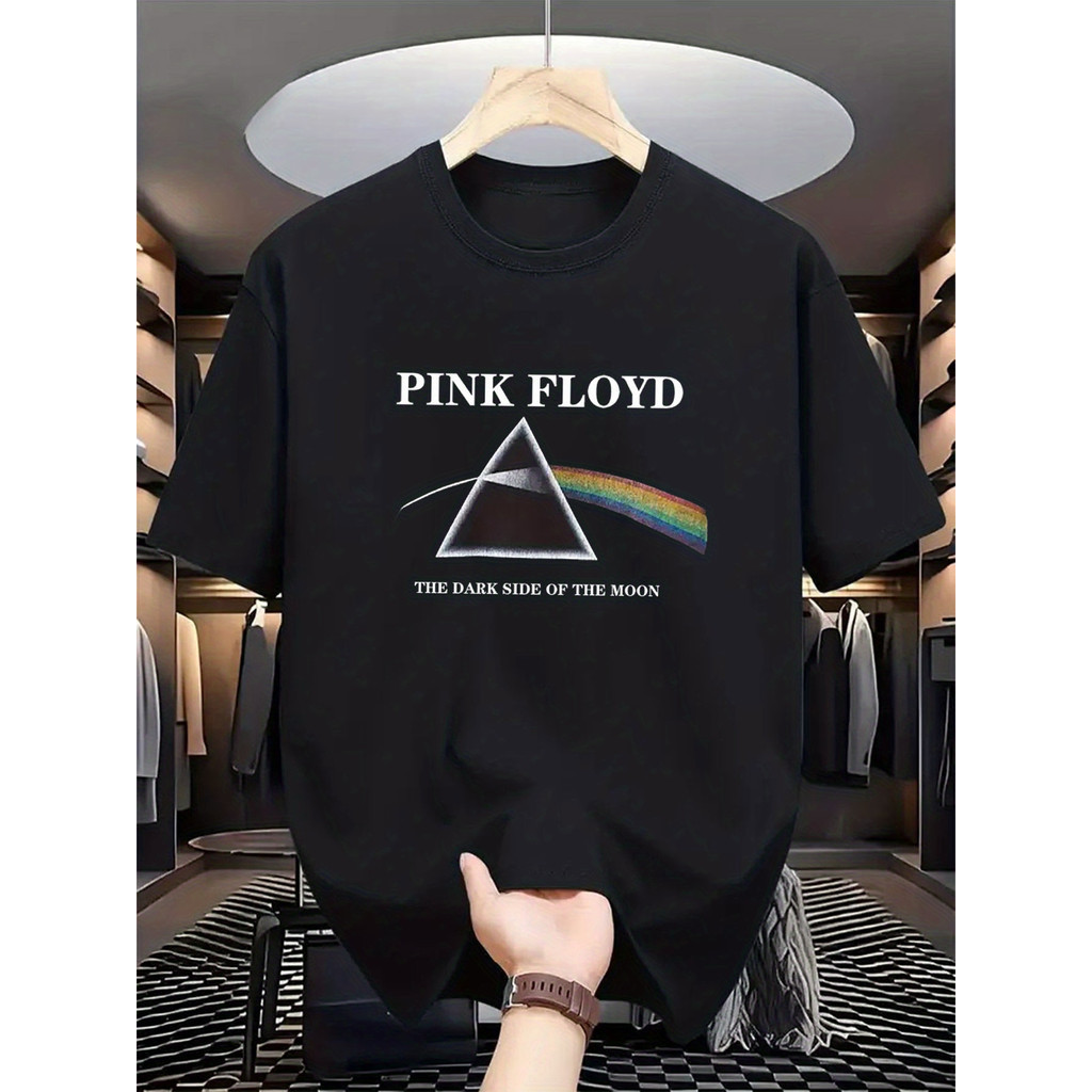 ผู้ชาย เสื้อยืดผ้าฝ้ายสีดำ พิมพ์ลาย Pink Floyd The Dark Side of the Moon สไตล์และสบาย