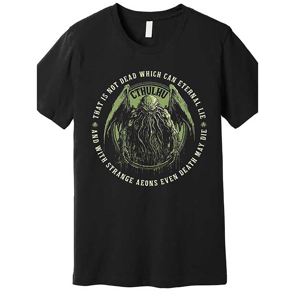 เสื้อยืดกราฟิกแขนสั้นผู้ชาย ลาย Cthulhu Death May Die แบบ premium สีดำ น่ากลัวและตลกในสไตล์คอสมิค ho