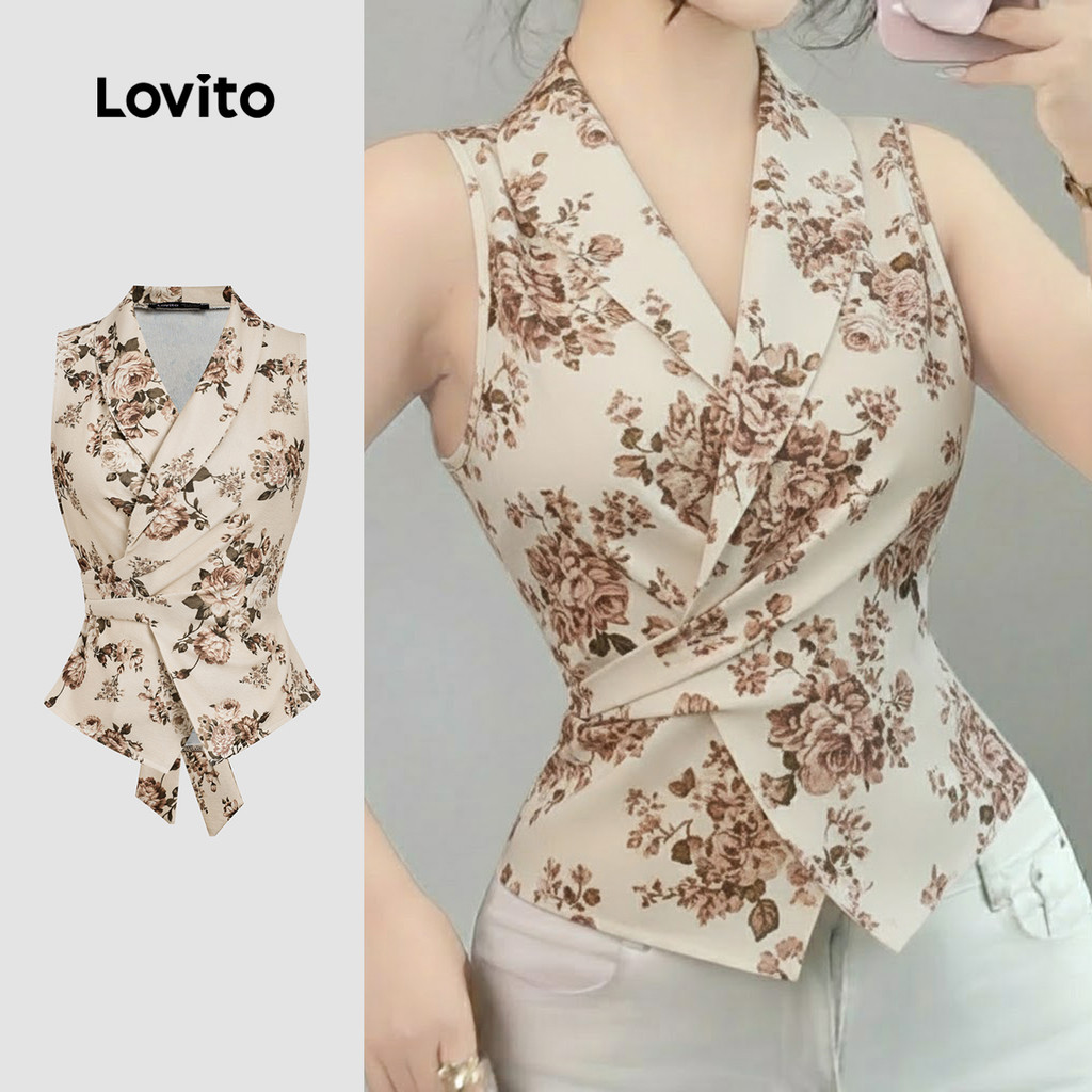 Lovito เสื้อโบโฮ ทรงไม่สมมาตร มีจีบ ลายทาง สีฟ้า สำหรับผู้หญิง เหมาะสำหรับฤดูใบไม้ผลิ/ฤดูร้อน LK4ED796