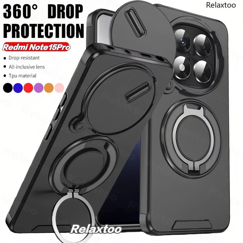 เกราะกันกระแทกปลอกสําหรับ Xiaomi Redmi Note15 Note 15 Pro Plus + Pro + 15Pro + Note15Pro + Push Pull Slide กล้องเลนส์ป้องกัน Hard เคสโทรศัพท์พร้อมที่วางแหวนโลหะฝาหลัง