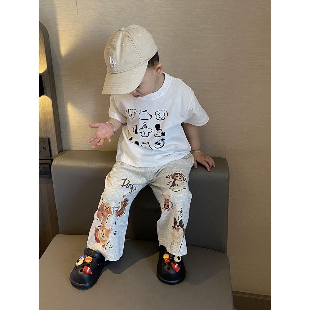 2026แฟชั่น2026เสื้อผ้าเด็กเกาหลี2025ฤดูร้อนสไตล์ใหม่เก้าตารางพระราชวังลูกสุนัขพิมพ์แขนสั้นเสื้อยืดชา