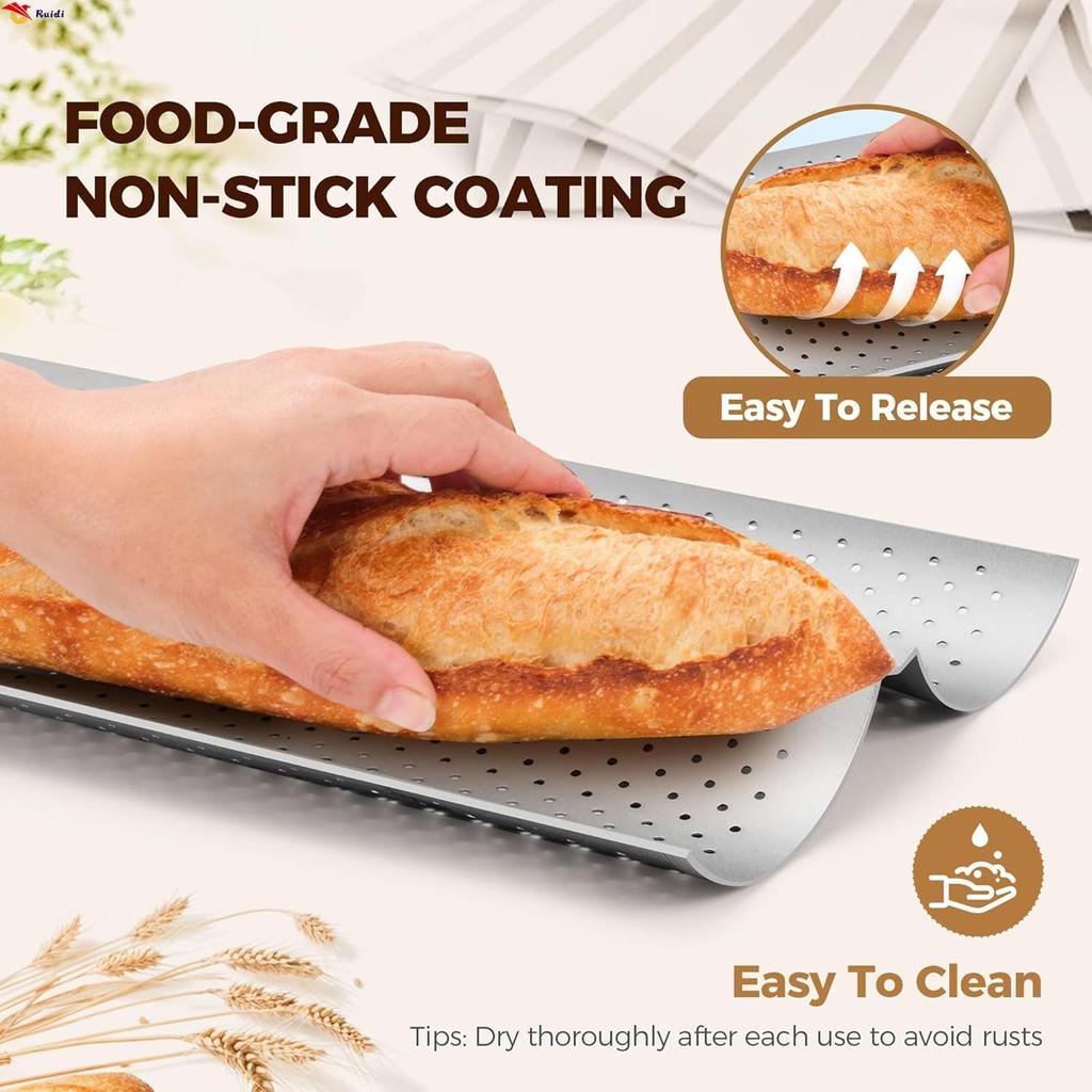 Baguette Nonstick-Pans สําหรับอบขนมปังฝรั่งเศส Premium 2 Slots Baguette-Tray สําหรับ Sourdough อบขนม