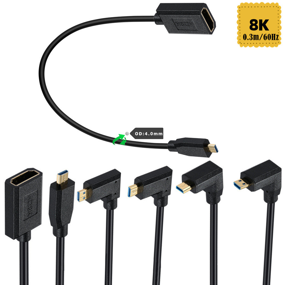 สายต่อ Micro HDMI มุม 90 องศาชายเป็น HDMI 2.1 หญิง, 8K @ 60Hz/4K@120Hz, สําหรับกล้องดิจิตอล, กล้องวิ