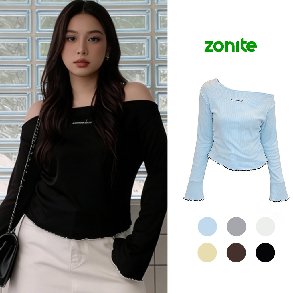 เสื้อยืดเปิดไหล่ แขนยาว ผู้หญิง ขอบตัดสี