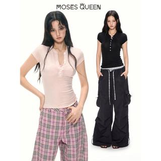 Moses Queen Henry Neck Shoulder Short-sleeved T-shirt Women's Small Flying Sleeves Slightly Sheer Tight Lyocell Tencel Wool Top .2026.#63415