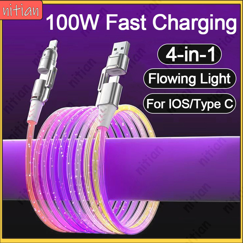 4 in 1 Flowing Light Data Cable 100W USB Type C ถึง IOS Type C Fast สายชาร์จ Luminous LED Light รถชาร์จโทรศัพท์สายไฟ 0.25 M/0.5 M/1 M/2 M/3 M สายไฟสําหรับ IOS/Android