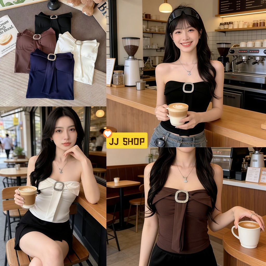 JJ shop เสื้อสตรีสั้นแบบไม่มีสาย ใส่สบาย ผ้า เปิดไหล่ สไตล์เกาหลี เสื้อผ้าแฟชั่นผู้หญิง-FY10174