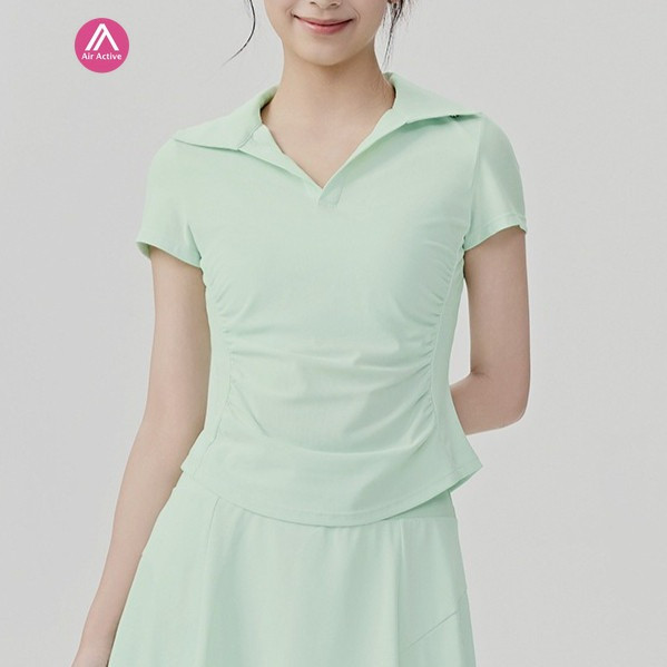 เสื้อโปโลแอคทีฟสำหรับออกกำลังกาย คอจีบเอว พิลาทิส โยคะ และฟิตเนส