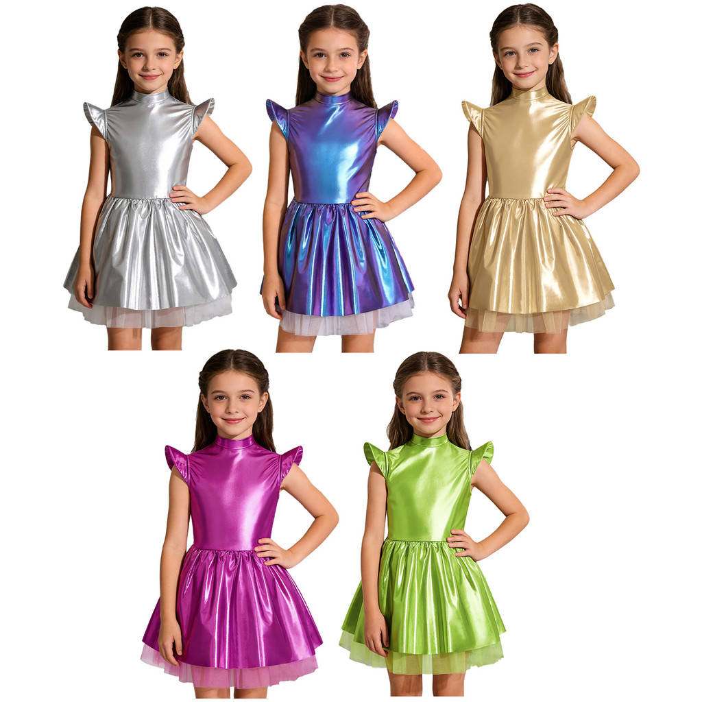 Yhong เด็กผู้หญิง Alien Dress Up เครื่องแต่งกาย Iridescent Glossy Mock คอบินแขนกลับที่มองไม่เห็นซิป Ruffled Tutu ชุดสําหรับ Theme Party Stage Performance