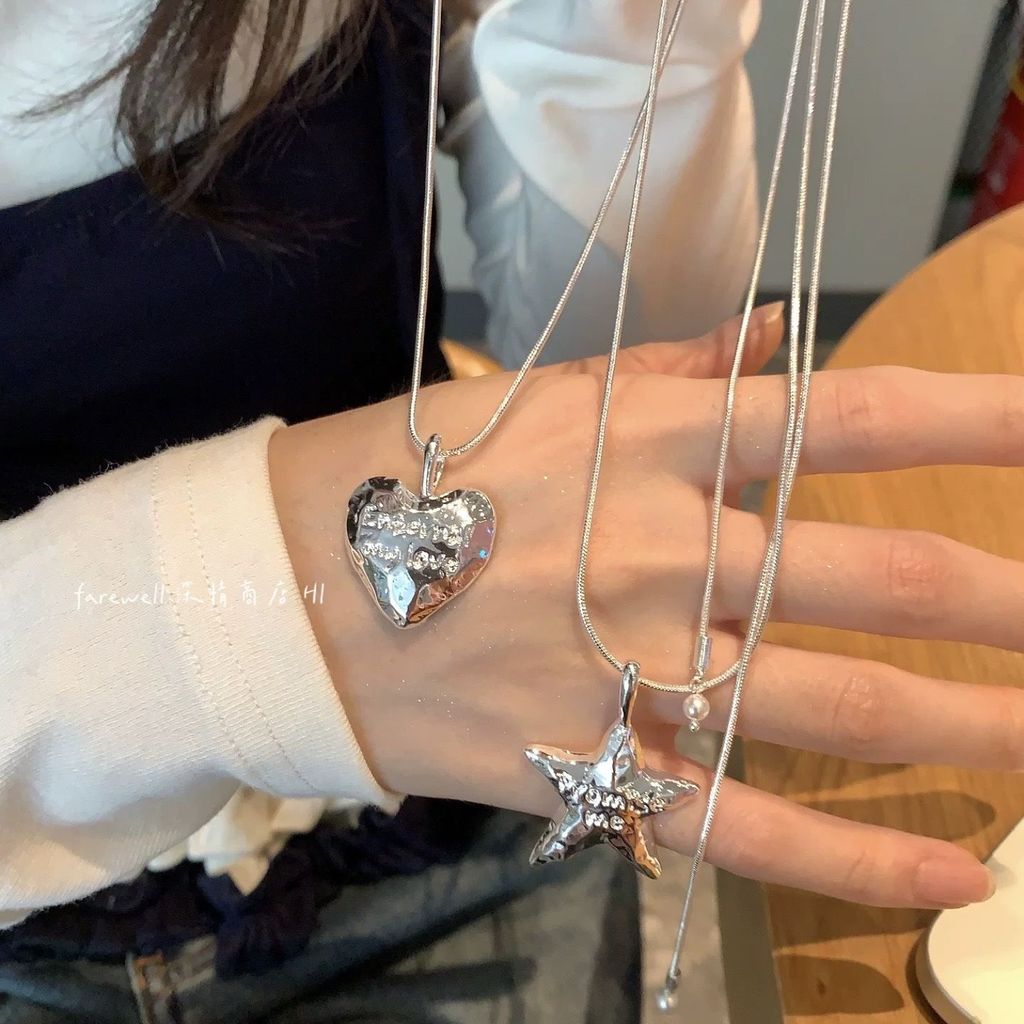 [miaom] สไตล์เกาหลี Silver Love Heart Star จี้สร้อยคอหญิง High-End Pull-Out ยาว All-Match เสื้อกันหนาวอุปกรณ์เสริม