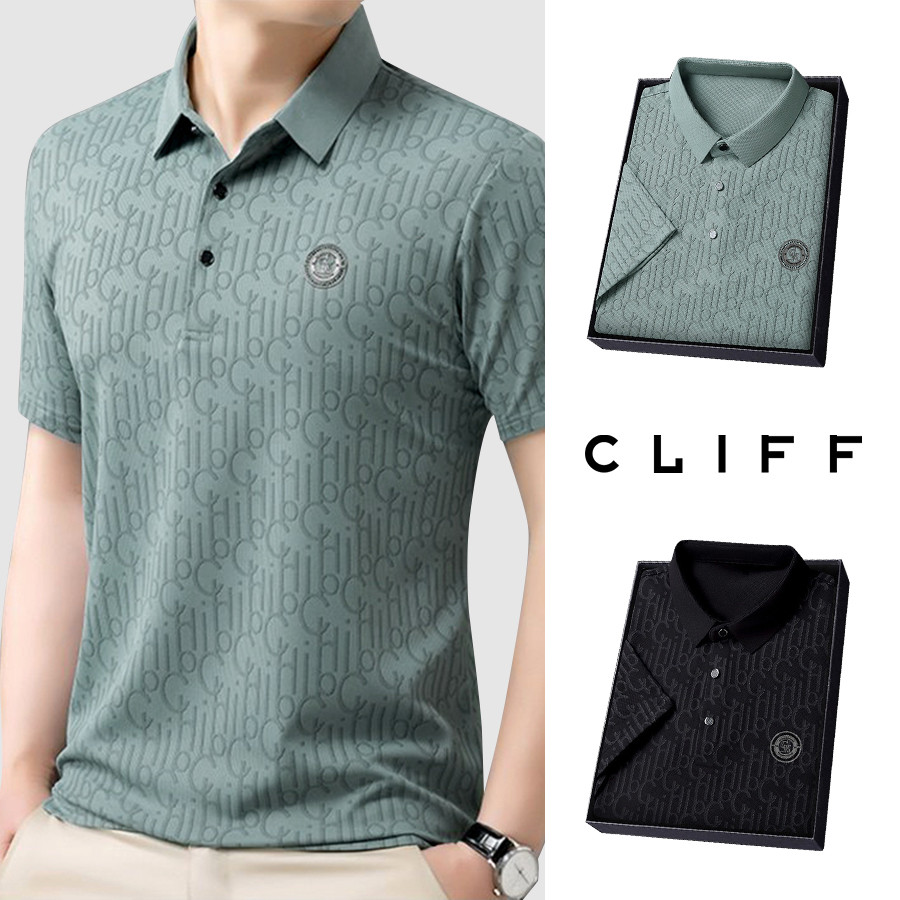 CLIFF เสื้อโปโลผู้ชายแขนสั้น ลายทอผ้าสวยๆ ทรงหลวมใส่สบาย ผ้าเรียบระบายอากาศ แฟชั่นสำนักงานและสบายๆ