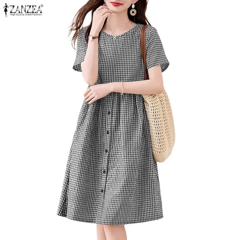 Zanzea สก๊อตแขนสั้น สำหรับวันหยุดและสังสรรค์ พิมพ์ลายสก๊อต ไม่มียาม ประดับปุ่มตุ๊กตา