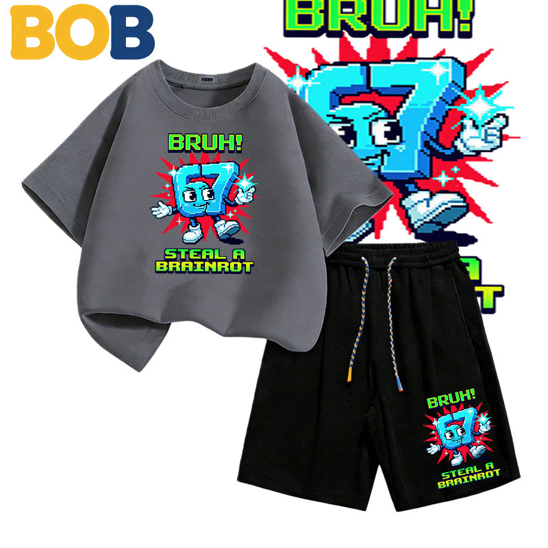 BOB [พร้อมส่ง] ชุดเด็กชายkidsเสื้อยืดเด็ก67ลวดลายพิมพ์ เสื้อยืดเด็ก คอตตอน ชุดสูทเด็กผู้ชาย ชุดลำลอง 2 ชิ้น แฟชั่นสำ#T52 - รูปที่ 6