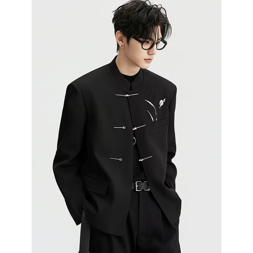 ปักใหม่สไตล์จีนยืนขึ้นปกเสื้อฤดูใบไม้ผลิฤดูใบไม้ร่วงผู้ชายสไตล์จีนไหล่เบาะสูทภูเขาจีนสูทด้านบน