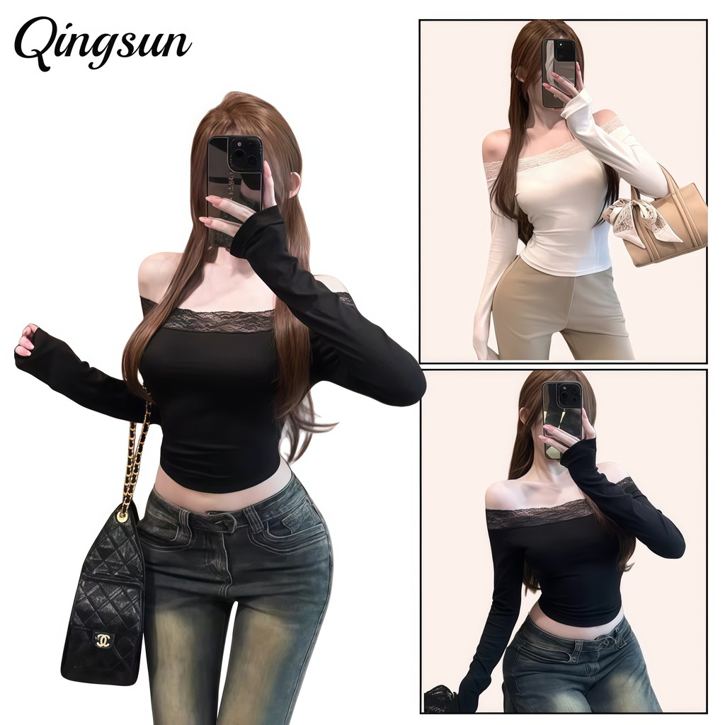 Qingsun เสื้อแขนยาวรัดรูปไหล่เปิดผู้หญิง ดีไซน์ลูกไม้ สีขาวดำ เรียบหรูและทันสมัย "FY8719"-0