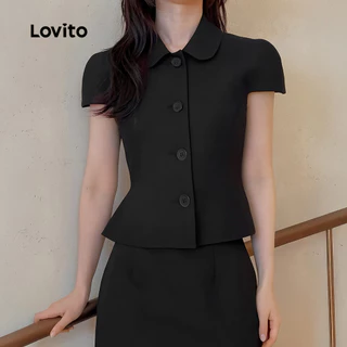 Lovito สง่างาม เสื้อกล้ามเรียบหรู คลาสสิก และใช้งานได้หลายโอกาส ผ้าฝ้ายลายปุ่ม สีดำสำหรับฤดูใบไม้ผลิ/ฤดูร้อน เกาหลี อินเทรนด์ L144AD215