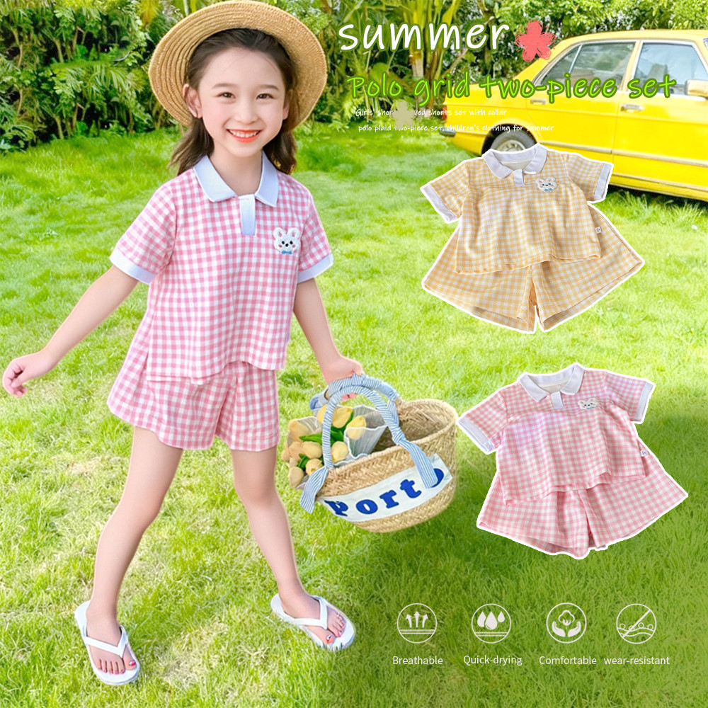 เสื้อโปโลลายตารางหมากรุกสำหรับเด็กผู้หญิง 2 ชิ้น ชุดลำลองฤดูร้อน เสื้อมีปก - รูปที่ 2