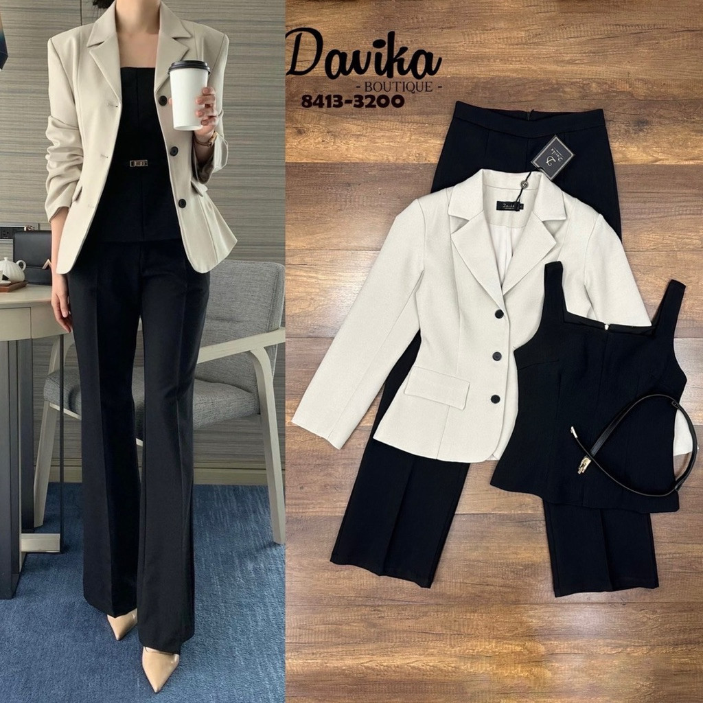 พร้อมส่ง SML XL⚡️RM 8413 ชุดเซต งานสูท ลุคCEOสาวท่านนึง โทนสีครีม สีดำ สุดหรู