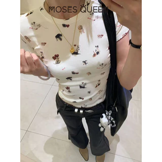 MOSESQUEEN สุภาพสตรีลูกเรือคอด้านบนน่ารักการ์ตูนแมวสุนัขและ Paw พิมพ์แฟชั่น Slim Fit นุ่ม Breathable วัสดุสไตล์หวานทุกการแข่งขันทุกวันชุดผู้หญิง #63557-63557-1