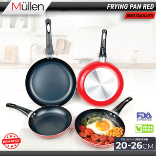 Mullen Fry Pan Red Teflon Wajan Penggorengan Anti Lengket Kitchenware Frypan Stainless Non Stick Gagang Bakelite 20/22/24/26 CM