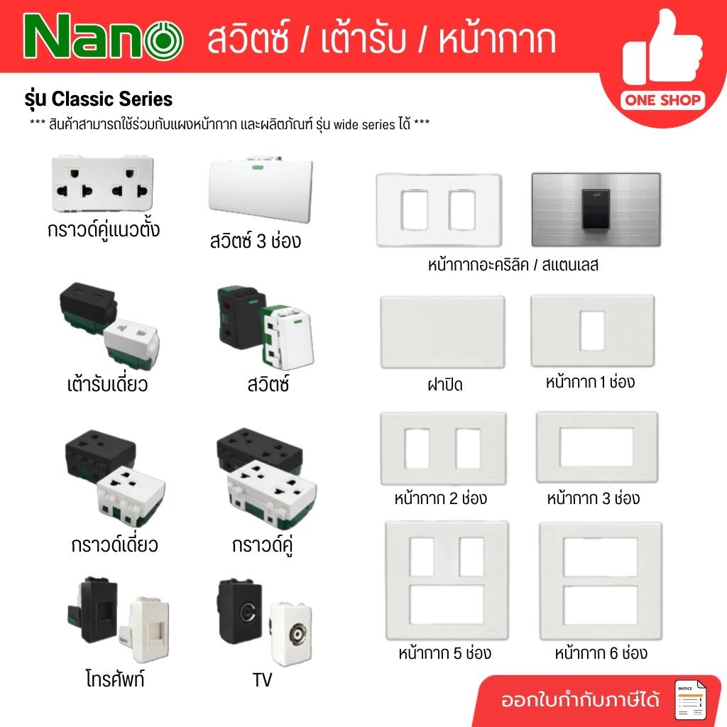 NANO สวิตซ์ เต้ารับ รุ่นใหม่แบบเสียบ แบบขันน็อต หน้ากาก ฝาครอบ สีขาว ปลั๊ก แลน lan เต้ารับทีวี ปลั๊กกราวน์ ปลั๊กกราว ...