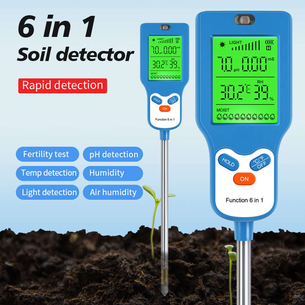 6 in 1 เครื่องวัดค่าดิน PH Meter/ยูทิลิตี้/อุณหภูมิ/ความชื้น/แสงแดด/เครื่องตรวจจับดินความชื้นสําหรับทําสวนทําฟาร์มและพืชกลางแจ้ง