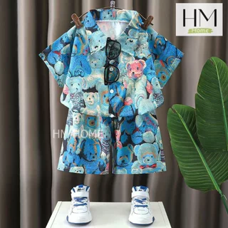 ใหม่ ชุดเซ็ตฮาวาย ชุดเซ็ตเสื้อเชิ้ตเด็ก เสื้อแขนสั้น+กางเกงขาสั้นฮาวายทะเล สงกรานต์