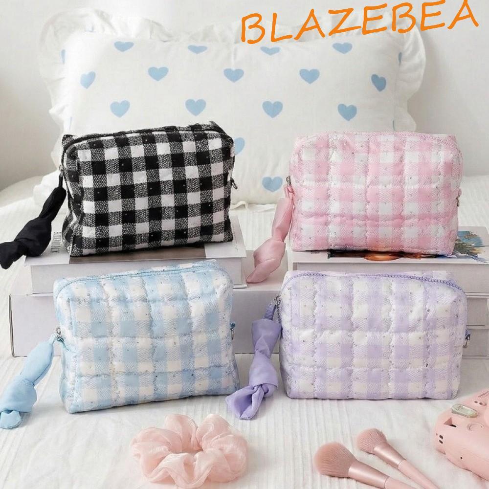 BLAZEBEA กระเป๋าเครื่องสําอางลายตารางหมากรุกความจุขนาดใหญ่กระเป๋าแต่งหน้าลายหมากรุกสไตล์เกาหลี High 