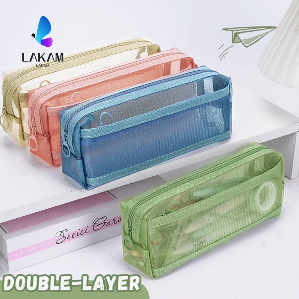 LAKAM Pencil กระเป๋าใส่ปากกาสองชั้นความจุขนาดใหญ่ ตาข่าย โปร่งใส เครื่องเขียน ออแกไนเซอร์ นักเรียน