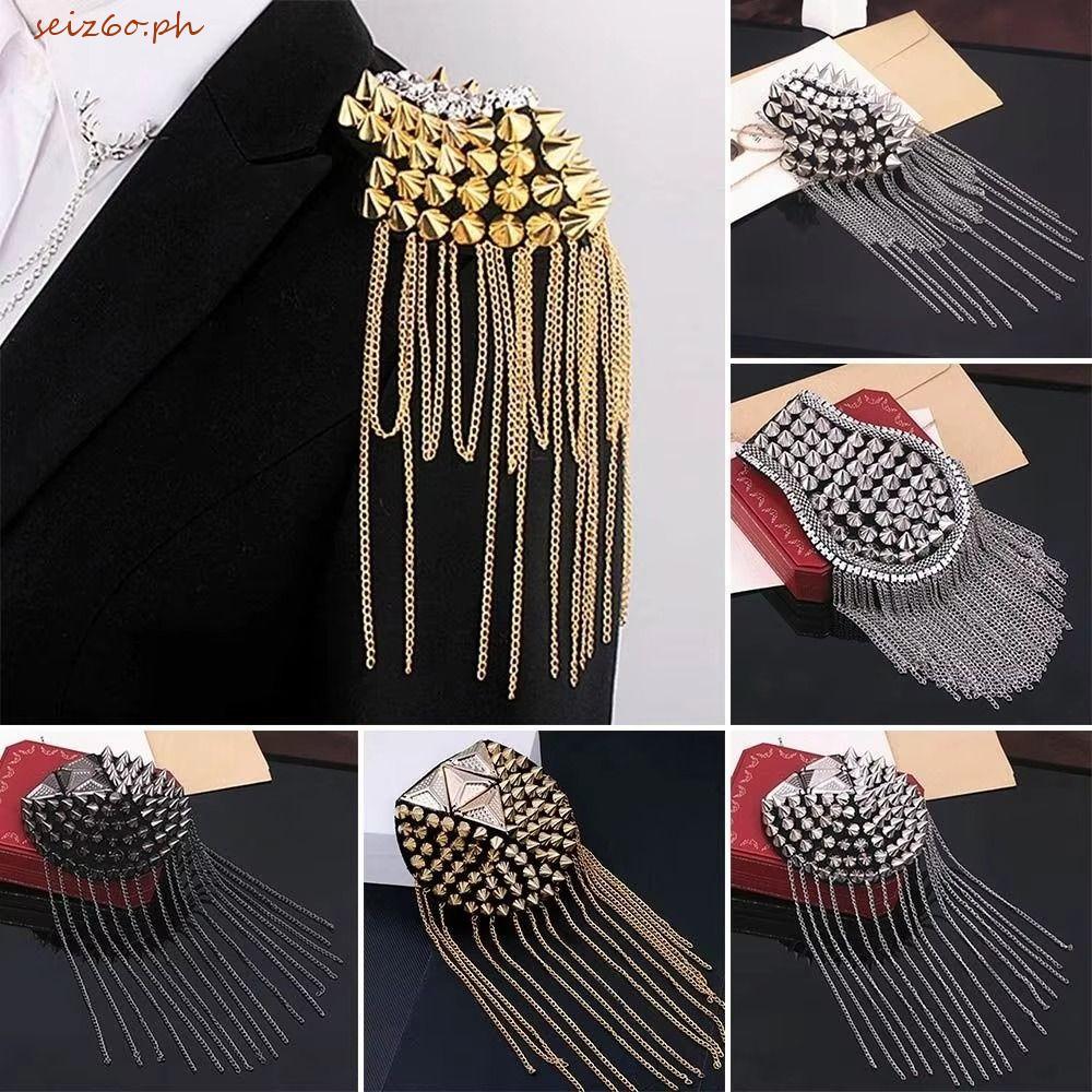 SEIZ6O Club พู่โซ่ Epaulette, Pin Breastpin Rivet ไหล่ป้าย, Retro คริสตัลเงา Cool Jacket Vintage เข็