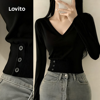 Lovito เสื้อยืดลําลองสีดําสําหรับฤดูใบไม้ผลิ/ฤดูร้อนของผู้หญ…